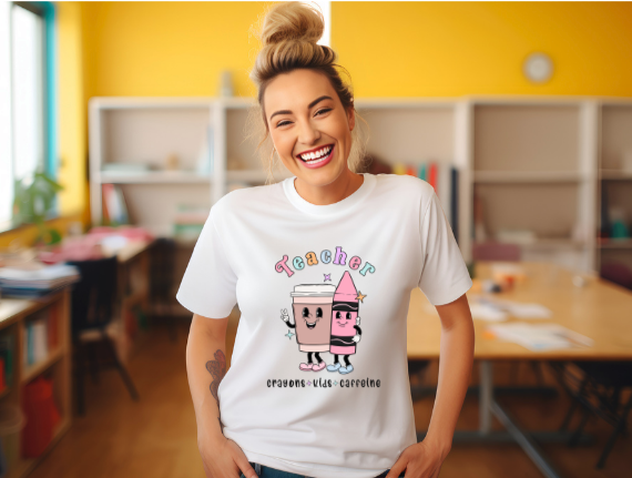 Crayons-Kids-Caffeine Teacher T-shirt