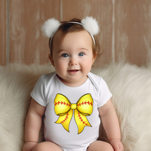 Load image into Gallery viewer, Softball Bow Baby Onesie