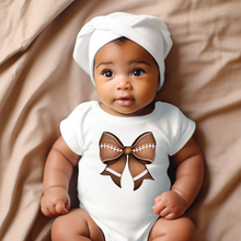 Load image into Gallery viewer, Football Bow Baby Onesie