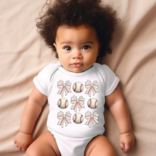 Load image into Gallery viewer, Baseball Bow Coquette Baby Onesie
