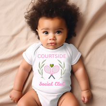 Load image into Gallery viewer, Pink Courtside Social Club Tennis Baby Onesie
