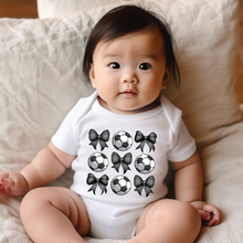 Load image into Gallery viewer, Black Bow Soccer Coquette Baby Onesie
